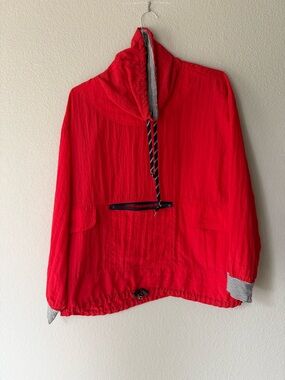 Vintage Red Windbreaker Pullover Jacket with Striped Detail and Mock Collar